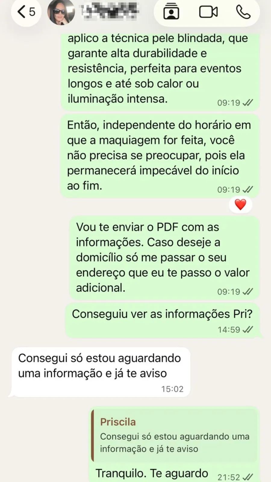 Conversa em que a cliente permanece analisando após receber as informações