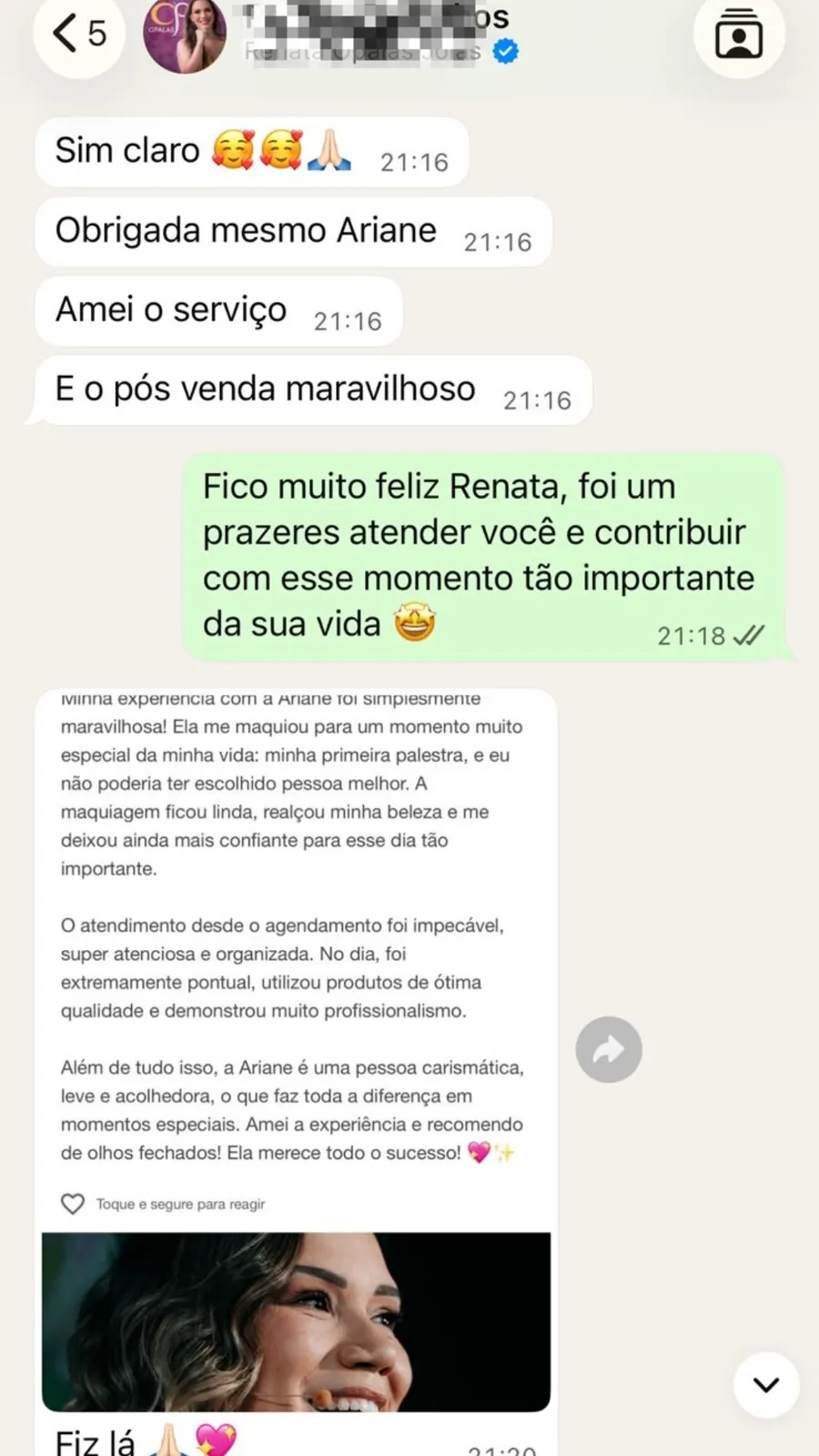 Cliente elogia o serviço e o pós-atendimento